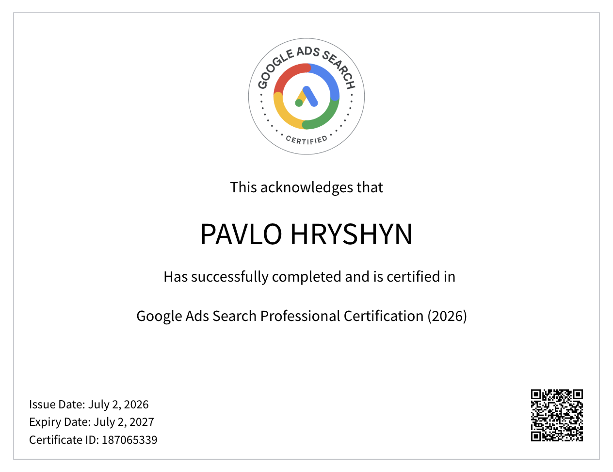 Сертификат «Google Skillshop · Google Ads Search» — Павел Гришин