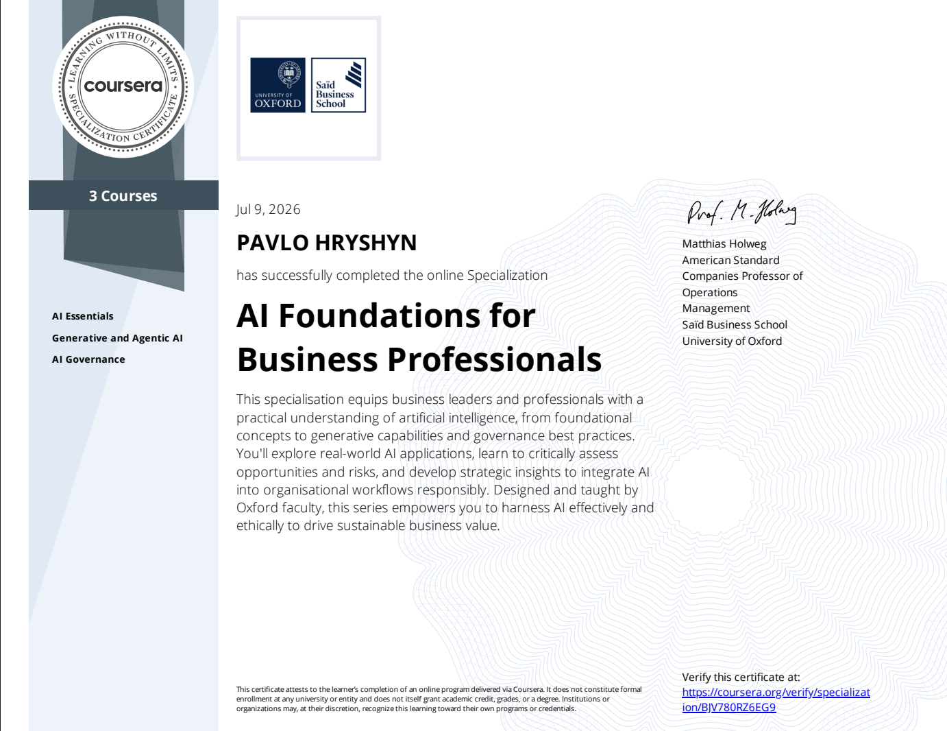 Сертификат «Специализация «AI Foundations for Business Professionals»» — Павел Гришин
