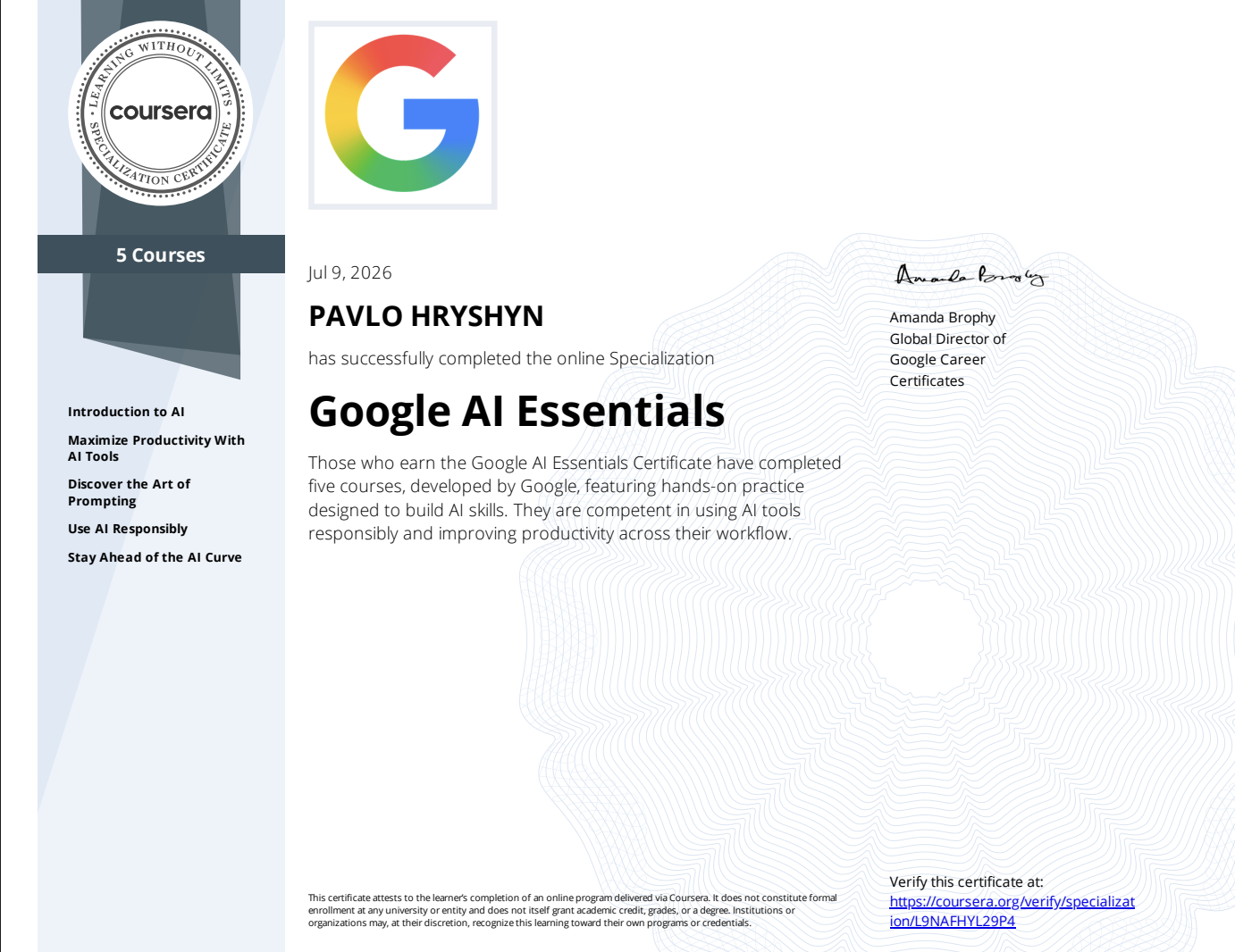 Сертификат «Google AI Essentials» — Павел Гришин