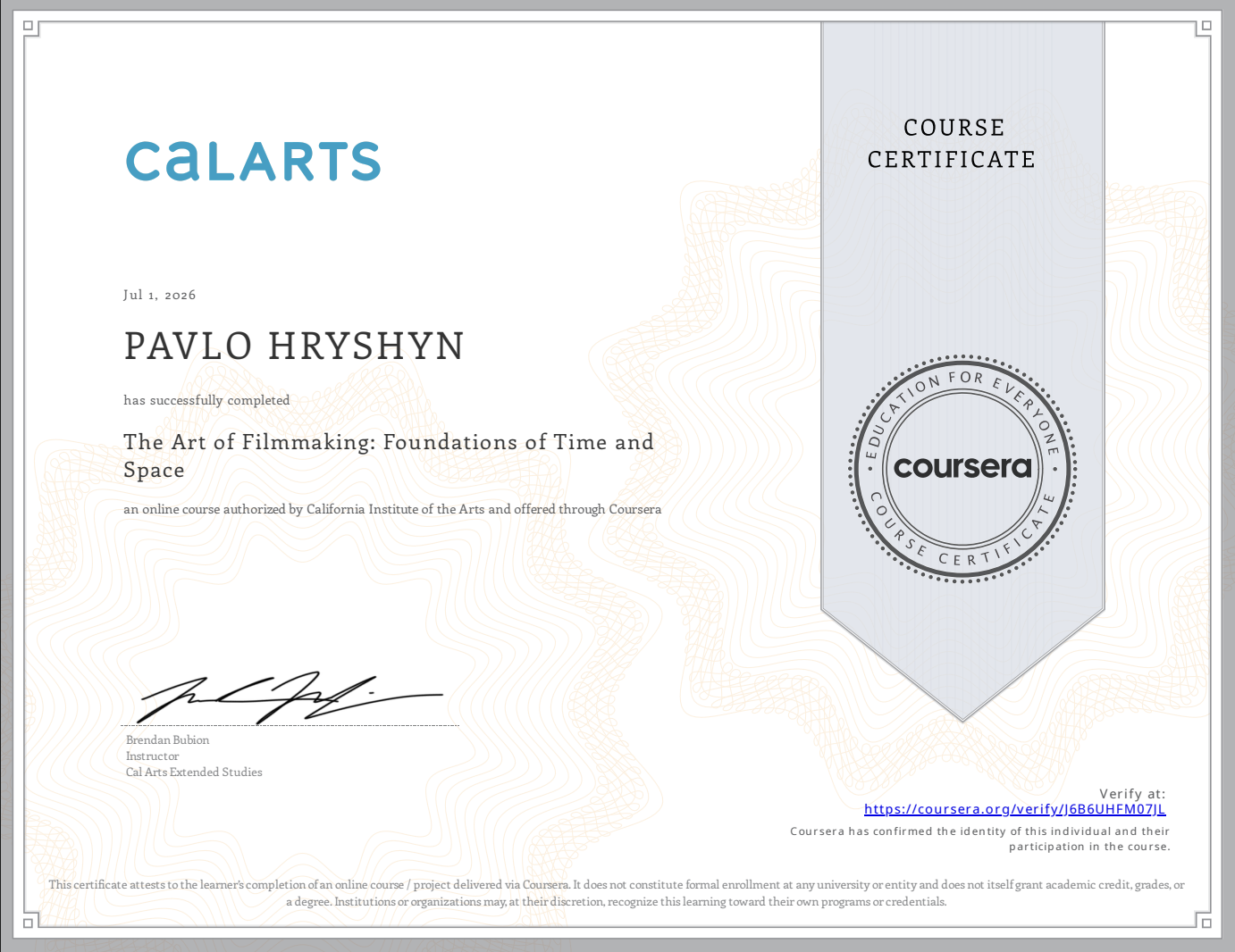 Сертификат «CalArts · The Art of Filmmaking + Graphic Design» — Павел Гришин