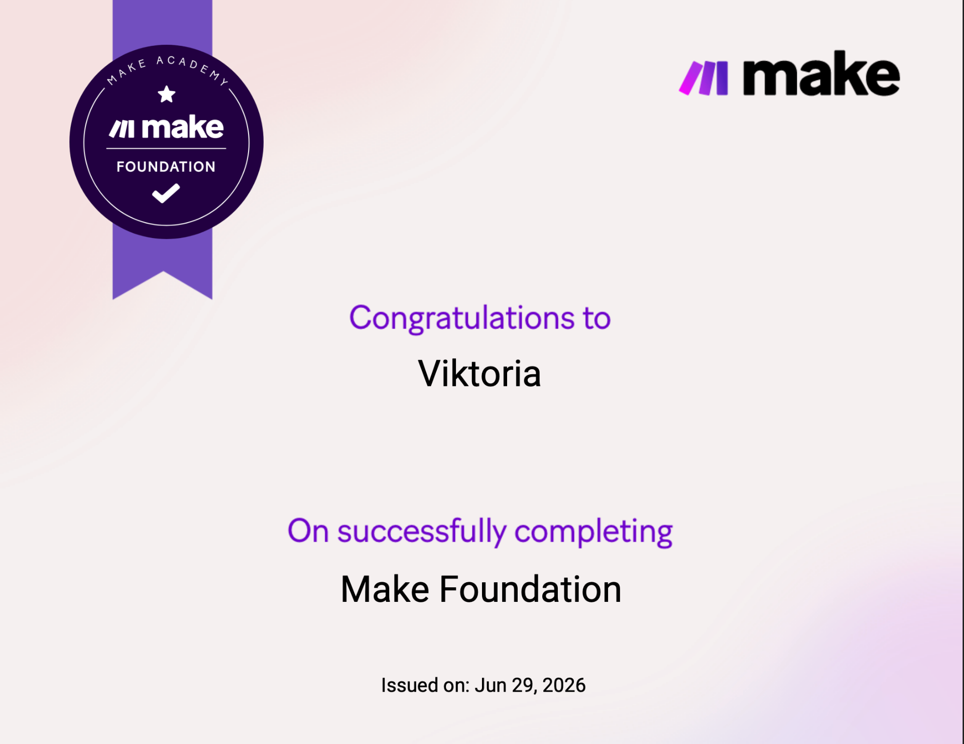 Сертификат «Make Foundation Certificate» — Виктория Кудрявцева
