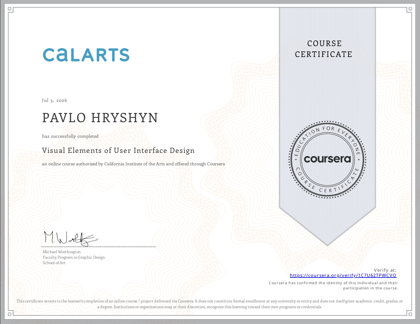 Сертификат «CalArts · Visual Elements of UI Design» — Павел Гришин